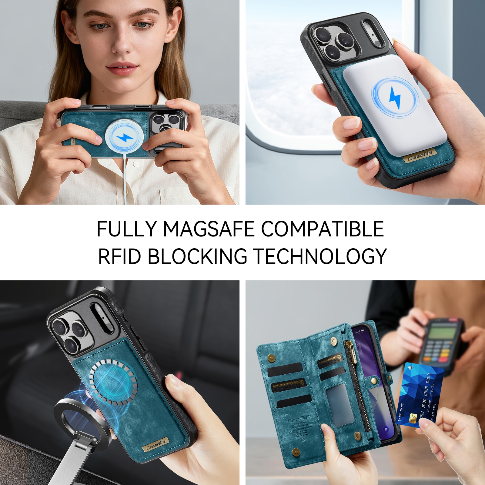 iPhone 17 Pro Max Romslig lommeboketui med mange kortlommer, Blå