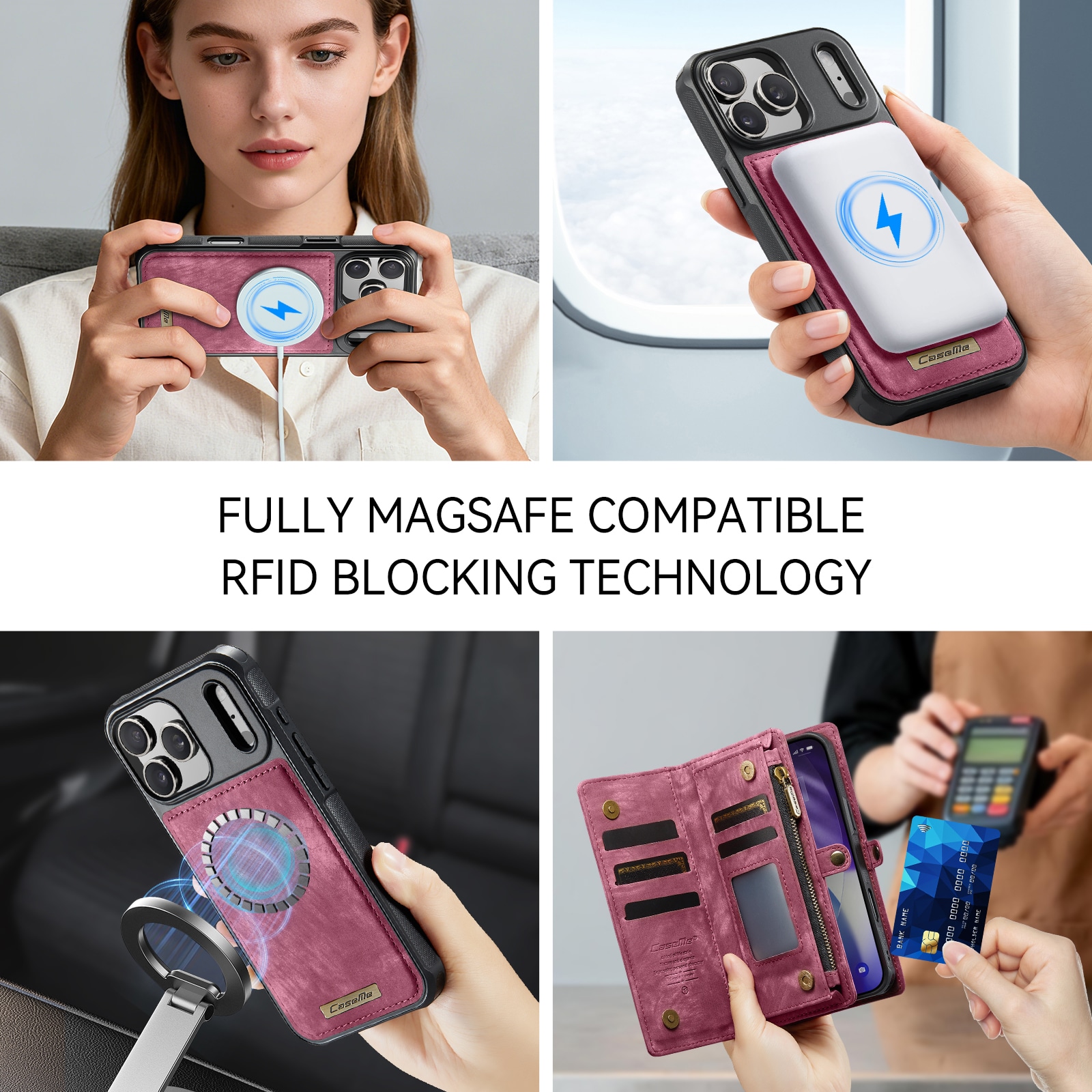 iPhone 17 Pro Max Romslig lommeboketui med mange kortlommer, Rød