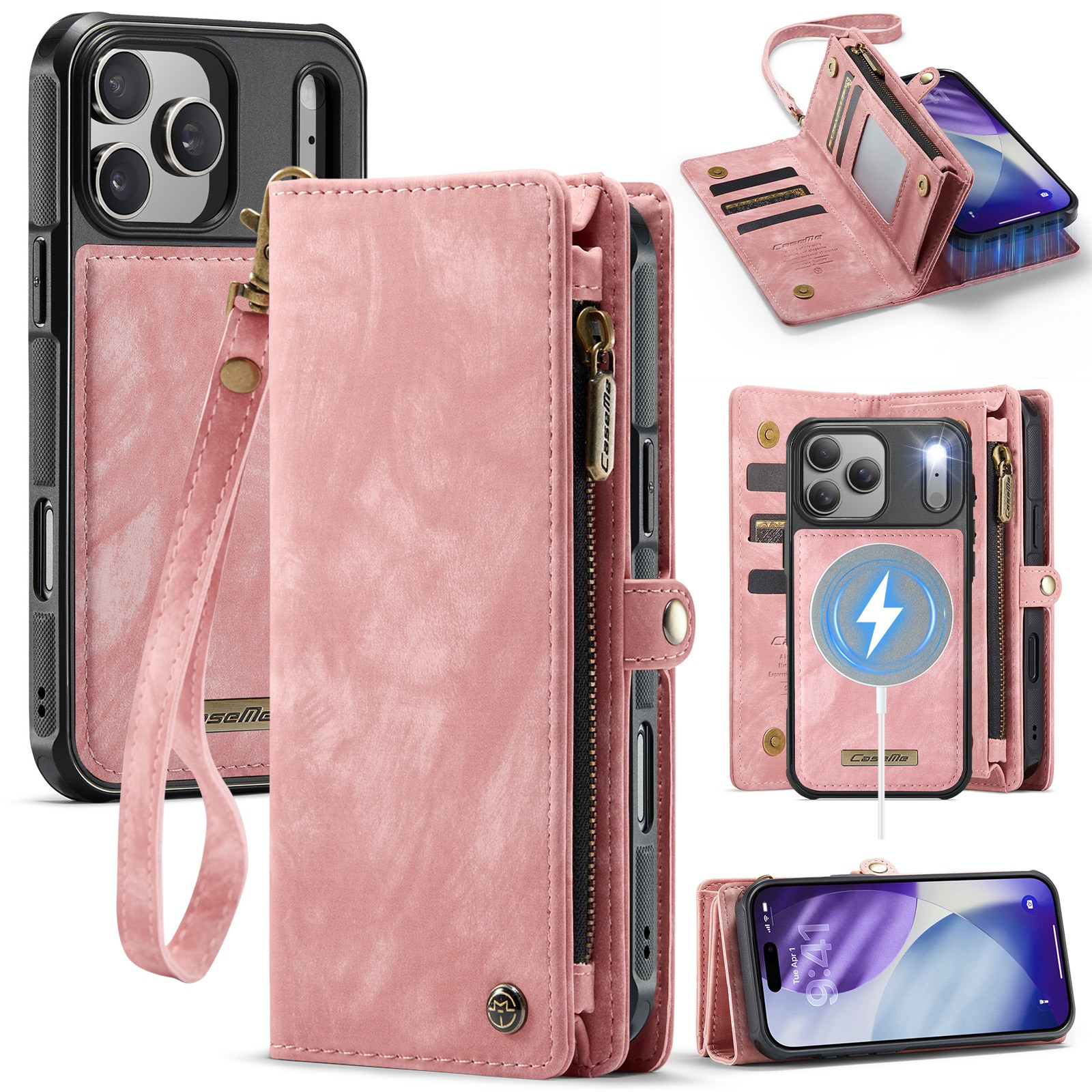 iPhone 17 Pro Romslig lommeboketui med mange kortlommer, Rosa