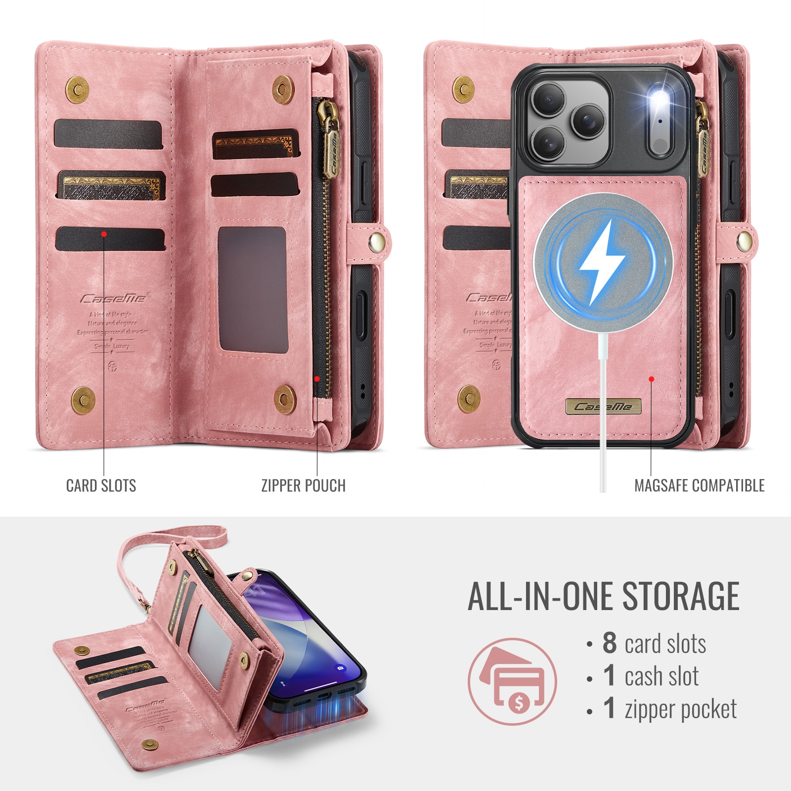 iPhone 17 Pro Romslig lommeboketui med mange kortlommer, Rosa