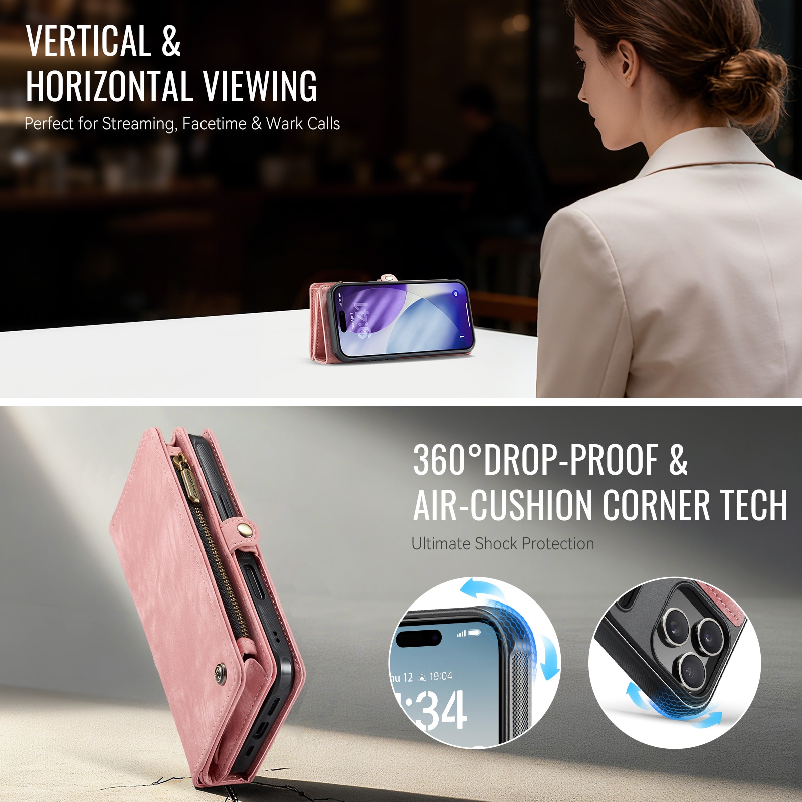 iPhone 17 Pro Romslig lommeboketui med mange kortlommer, Rosa