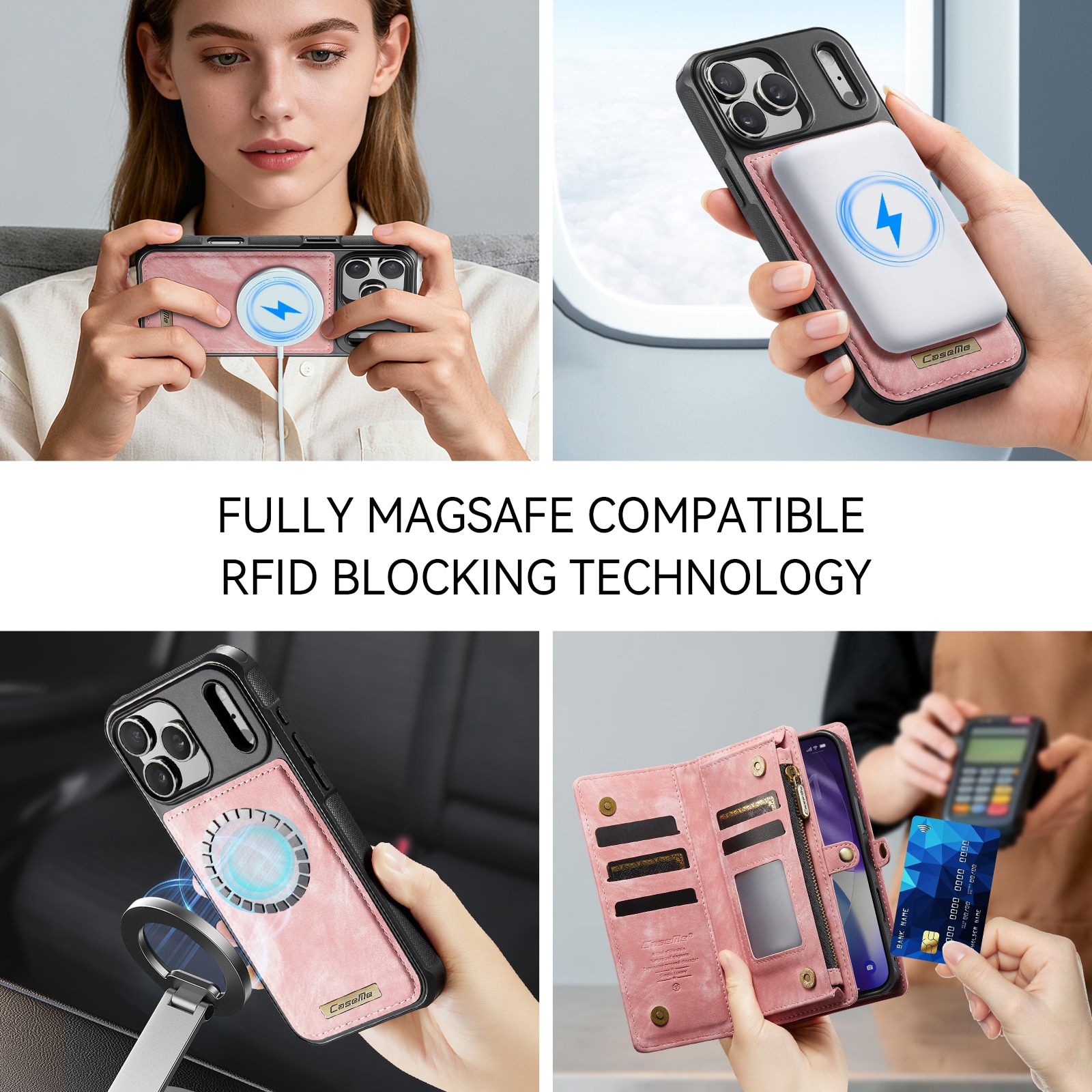 iPhone 17 Pro Romslig lommeboketui med mange kortlommer, Rosa