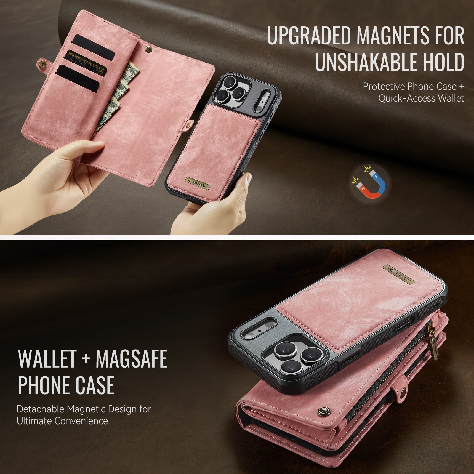 iPhone 17 Pro Romslig lommeboketui med mange kortlommer, Rosa