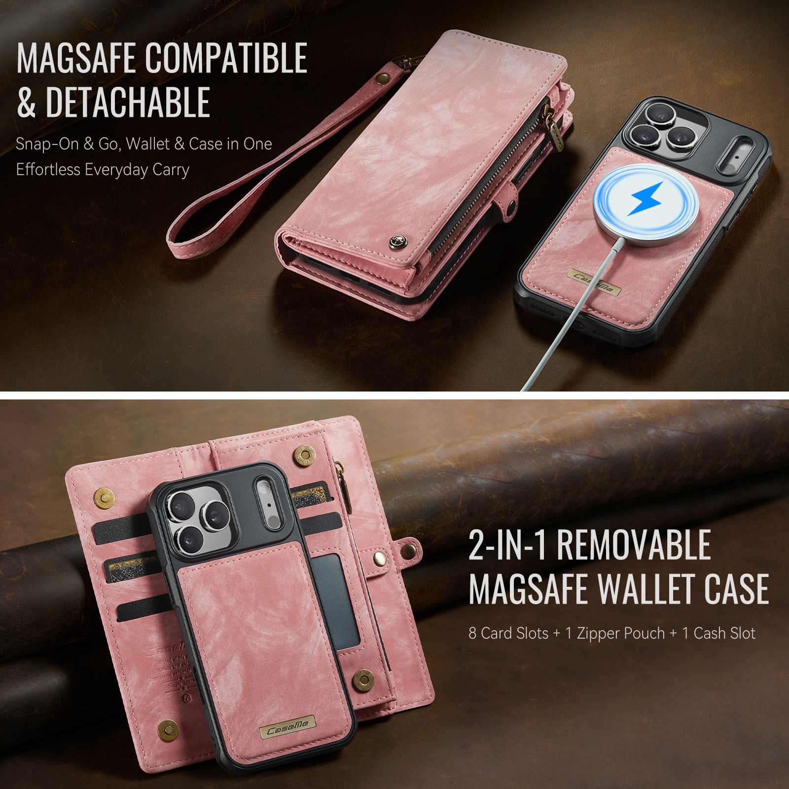 iPhone 17 Pro Romslig lommeboketui med mange kortlommer, Rosa