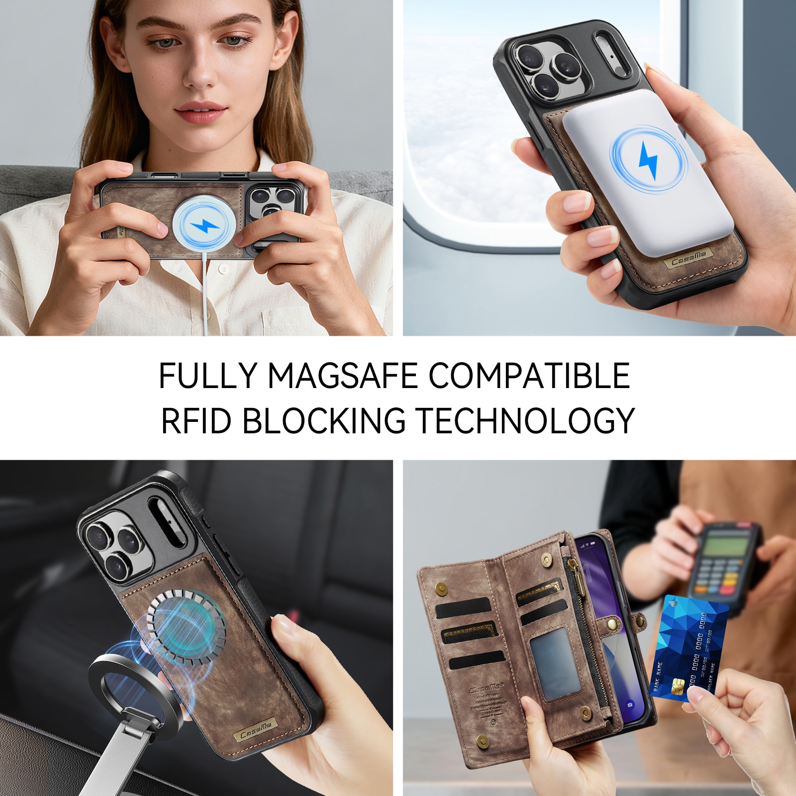 iPhone 17 Pro Romslig lommeboketui med mange kortlommer, Brun