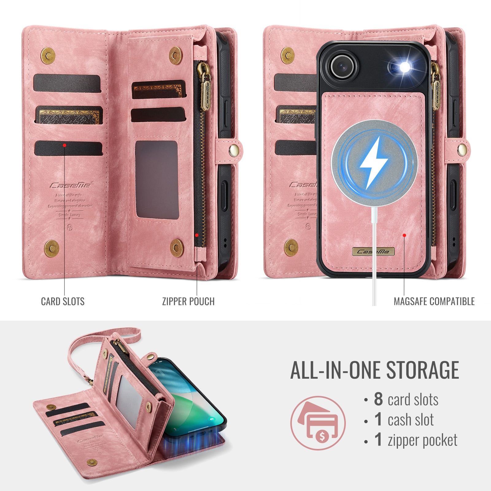 iPhone Air Romslig lommeboketui med mange kortlommer, Rosa
