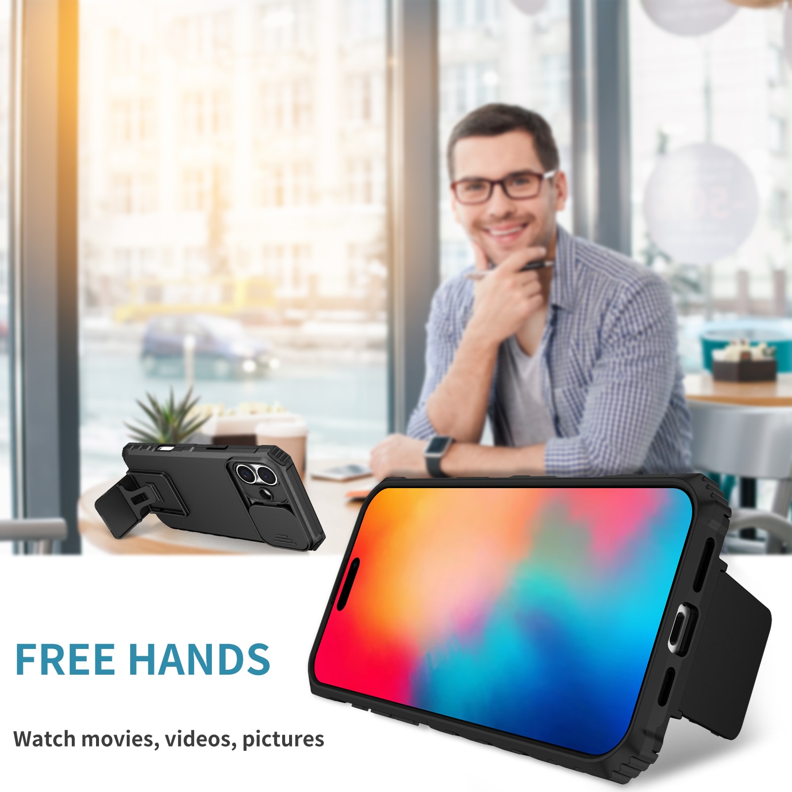 iPhone 17 Deksel med kickstand & kameralinsebeskyttelse, Svart