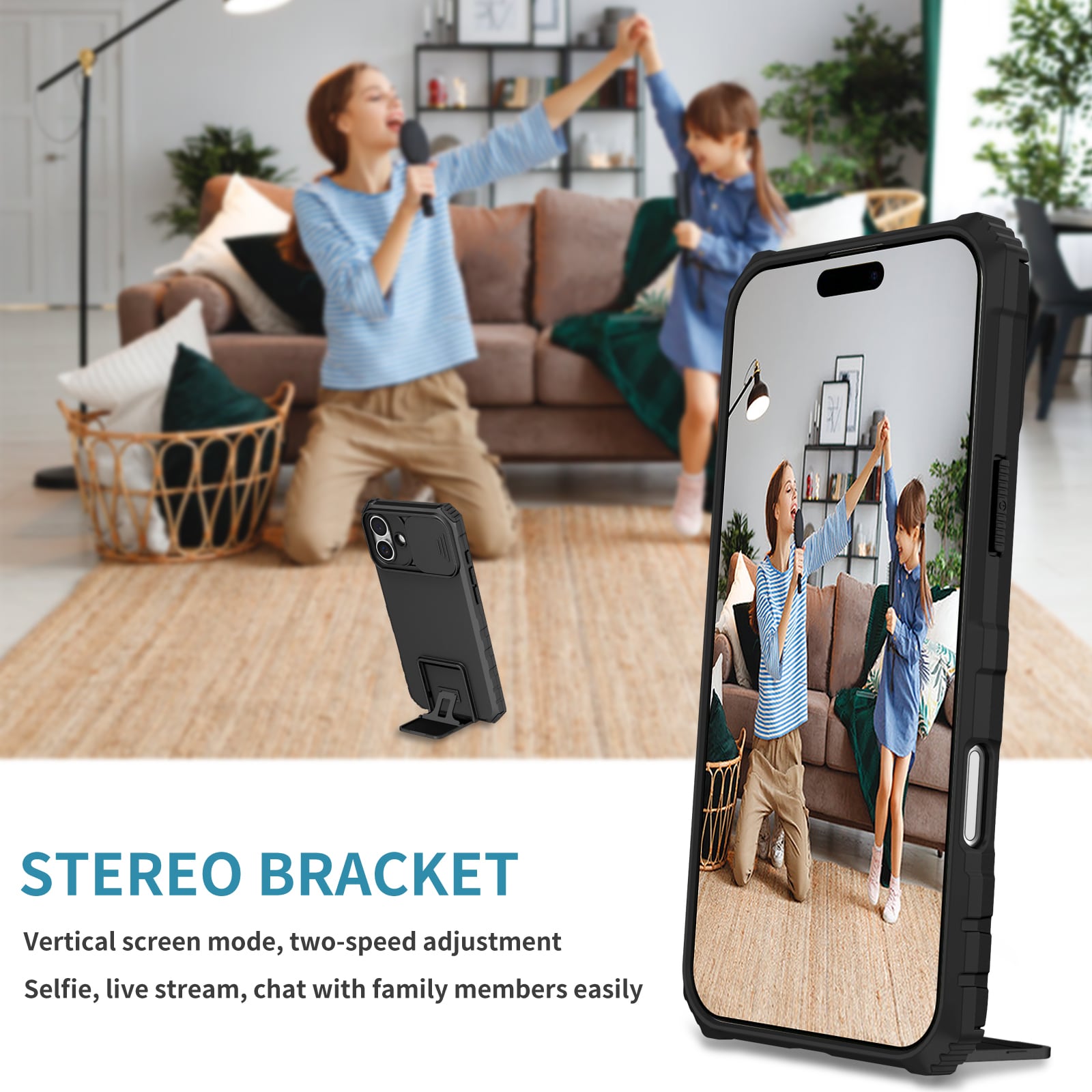 iPhone 17 Deksel med kickstand & kameralinsebeskyttelse, Svart