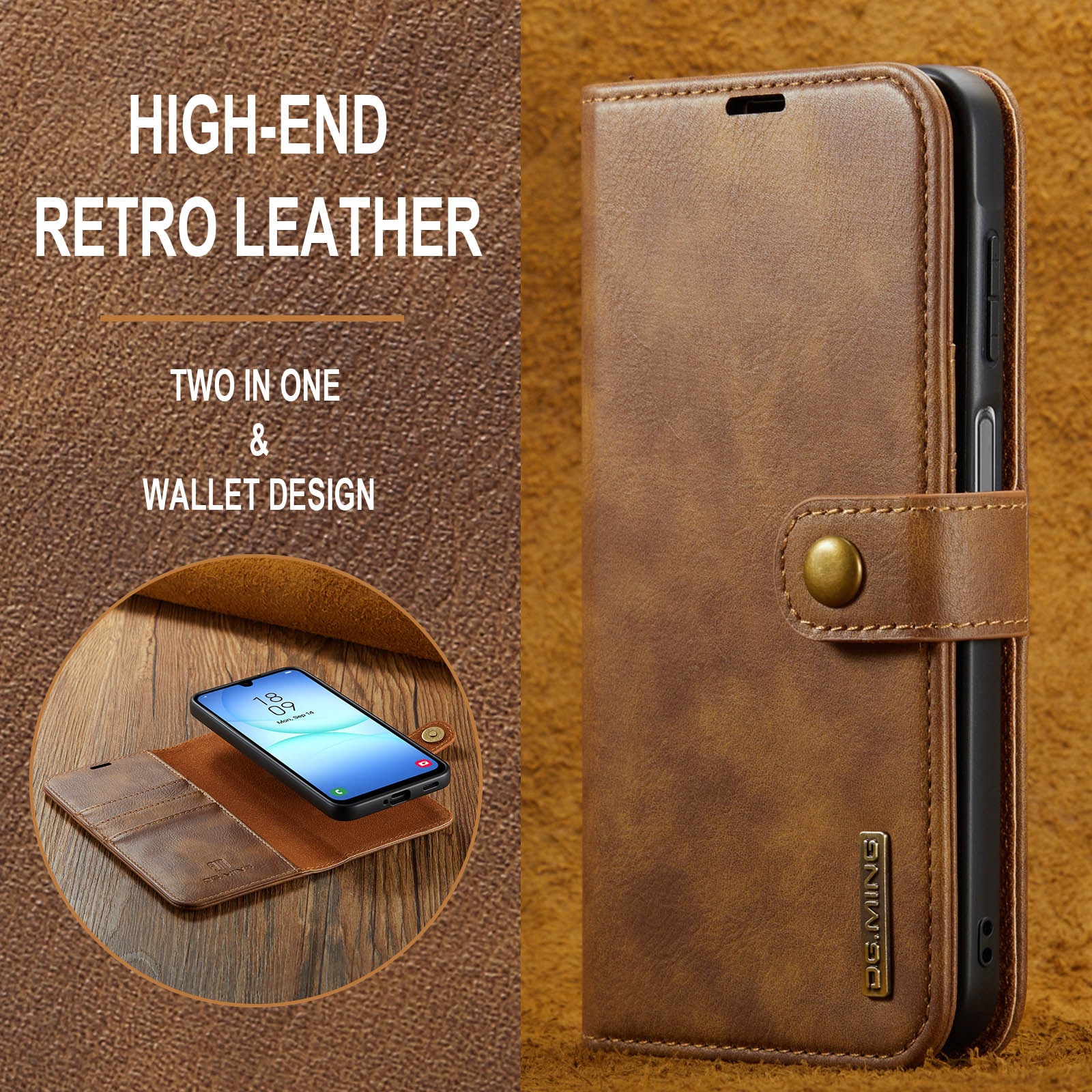 Samsung Galaxy A17 Lommeboketui med avtakbart deksel, Cognac