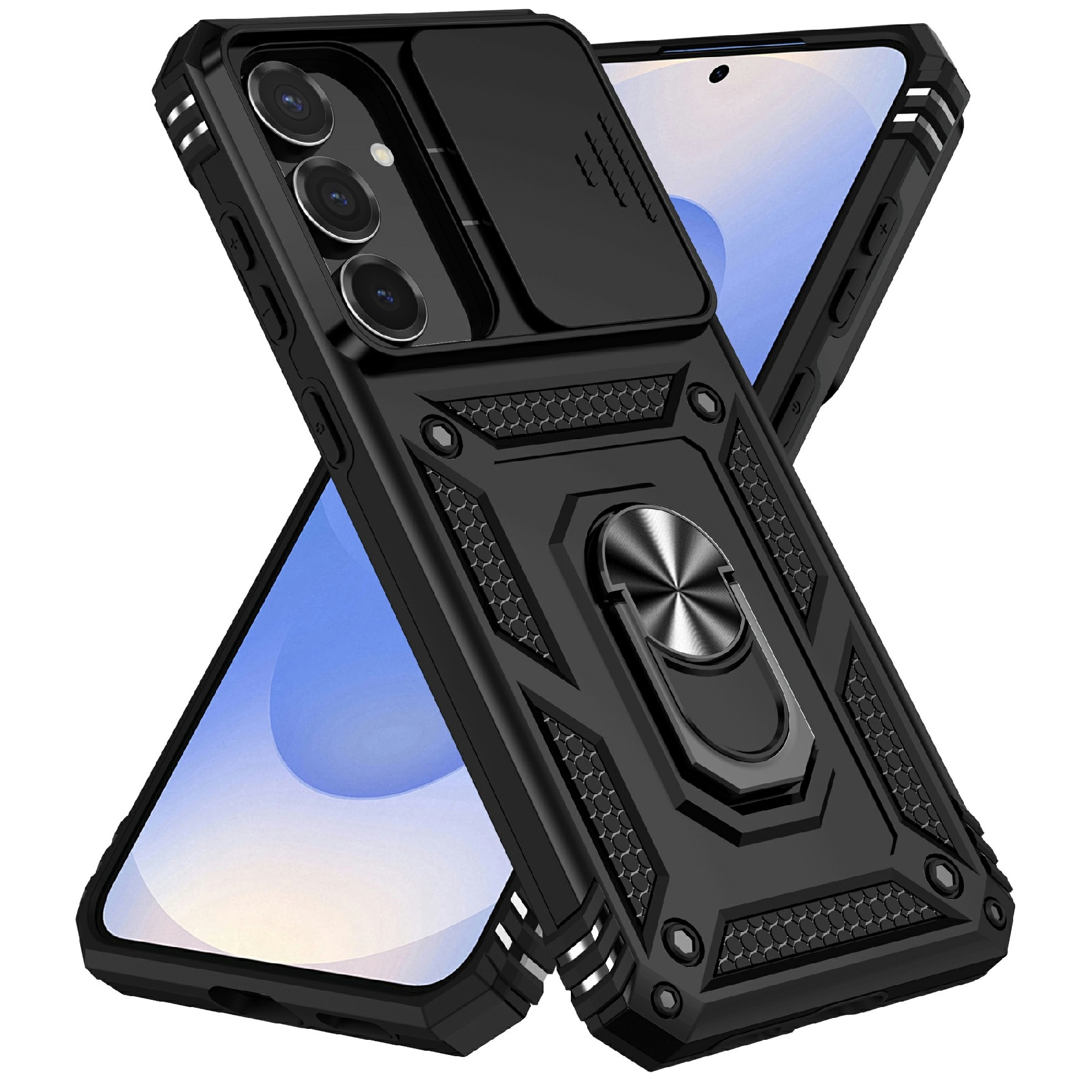 Samsung Galaxy S25 FE Deksel med kameralinsebeskyttelse og finger-ring, Svart