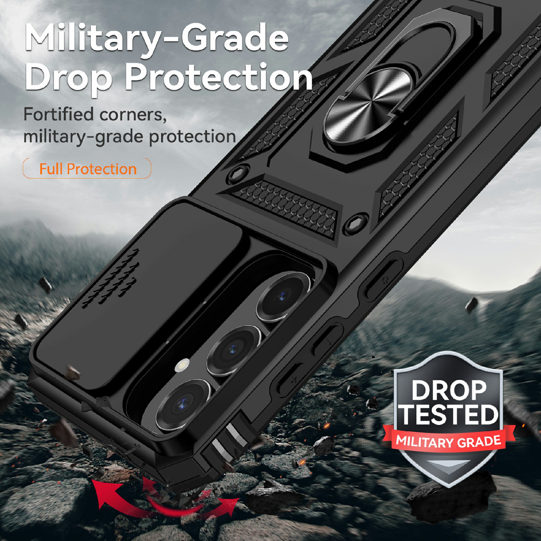 Samsung Galaxy S25 FE Deksel med kameralinsebeskyttelse og finger-ring, Svart