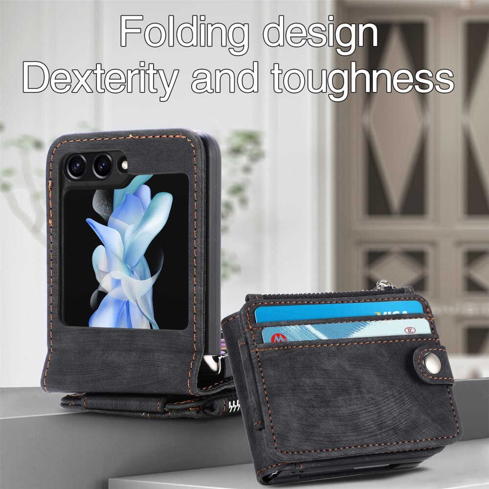 Samsung Galaxy Z Flip 5 Lommeboketui med kortlommer og glidelås Svart
