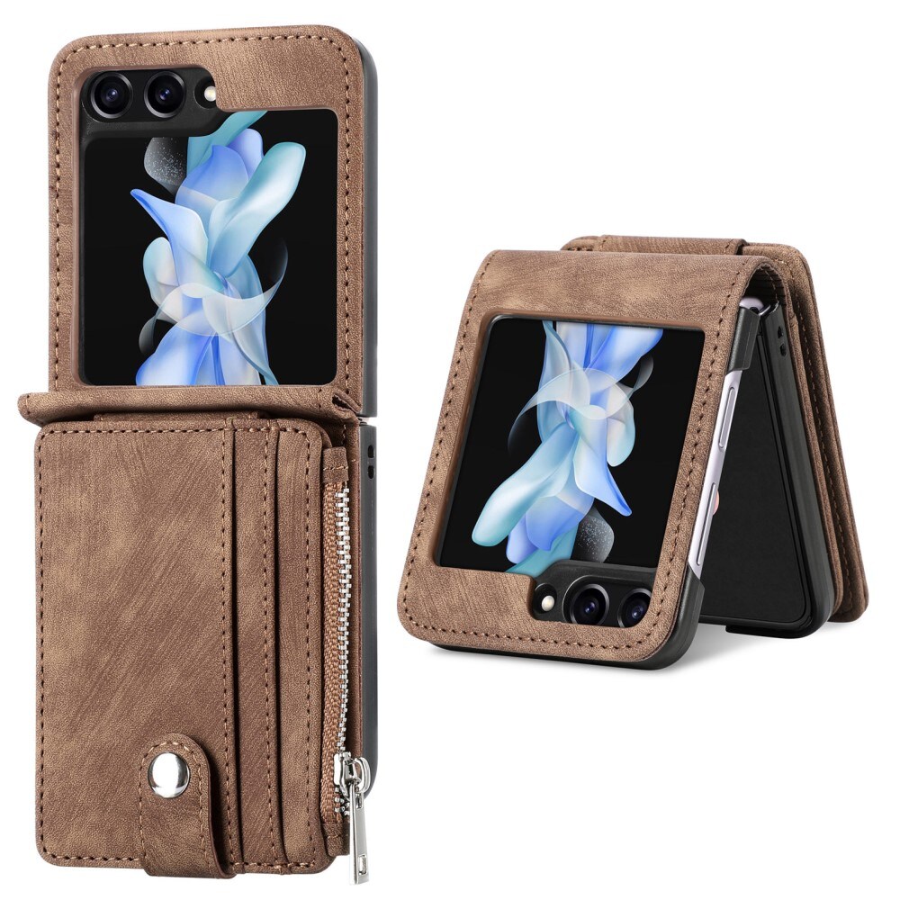 Samsung Galaxy Z Flip 7 FE Lommeboketui med kortlommer og glidelås Brun