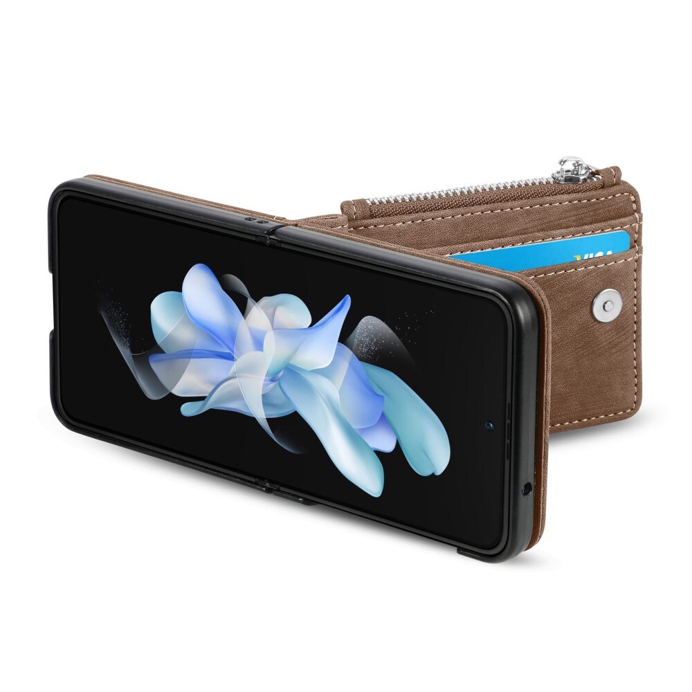 Samsung Galaxy Z Flip 5 Lommeboketui med kortlommer og glidelås Brun