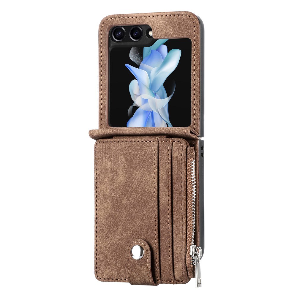 Samsung Galaxy Z Flip 5 Lommeboketui med kortlommer og glidelås Brun