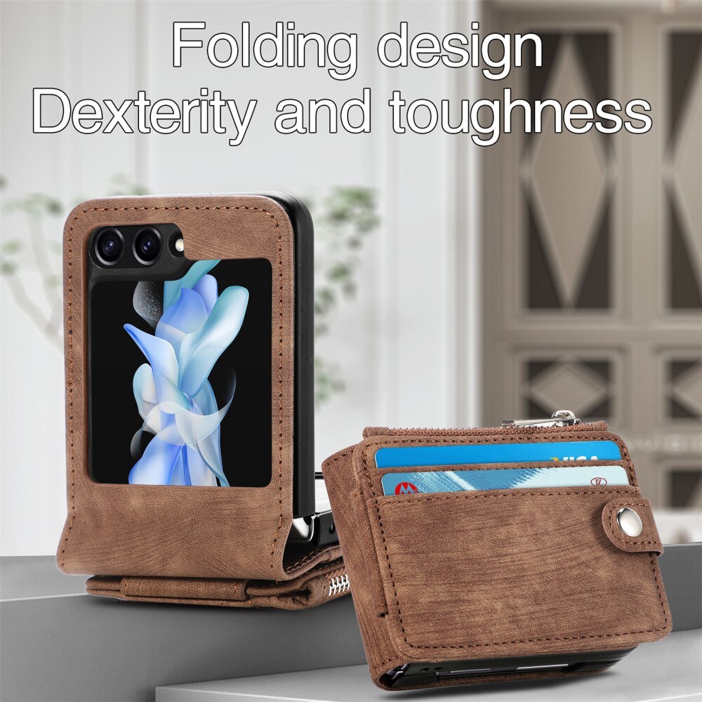 Samsung Galaxy Z Flip 7 FE Lommeboketui med kortlommer og glidelås Brun