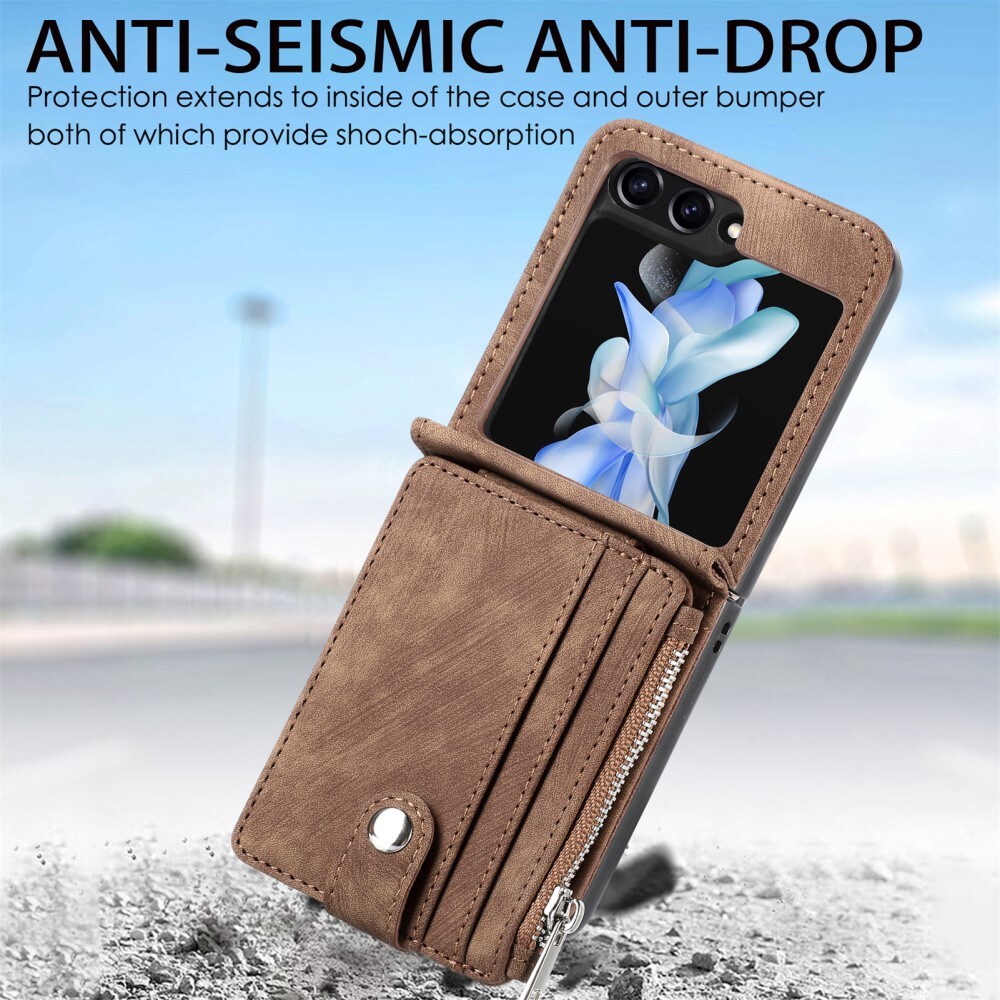 Samsung Galaxy Z Flip 7 FE Lommeboketui med kortlommer og glidelås Brun