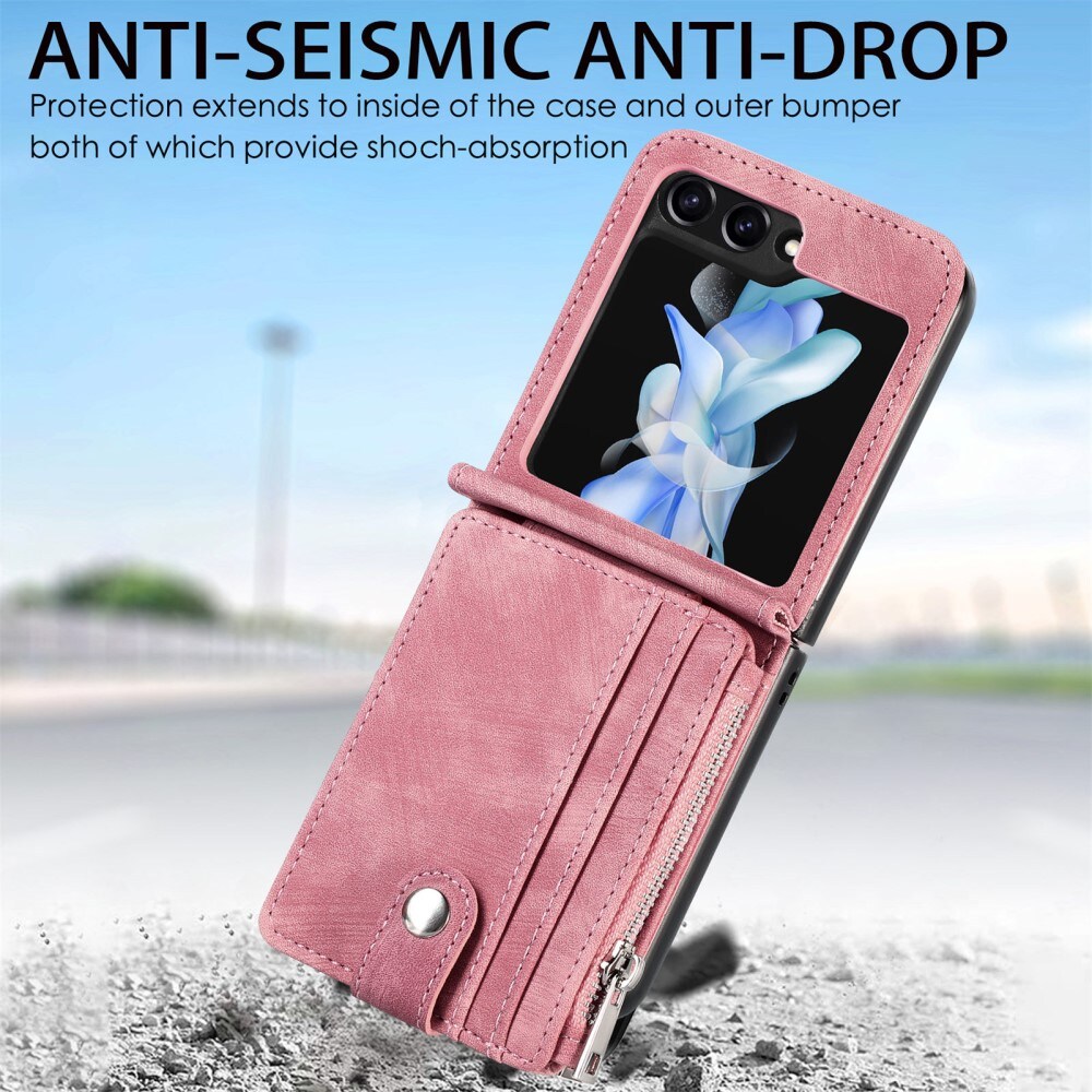 Samsung Galaxy Z Flip 7 FE Lommeboketui med kortlommer og glidelås Rosa