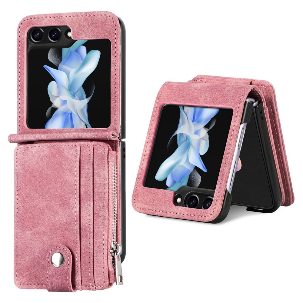 Samsung Galaxy Z Flip 7 FE Lommeboketui med kortlommer og glidelås Rosa