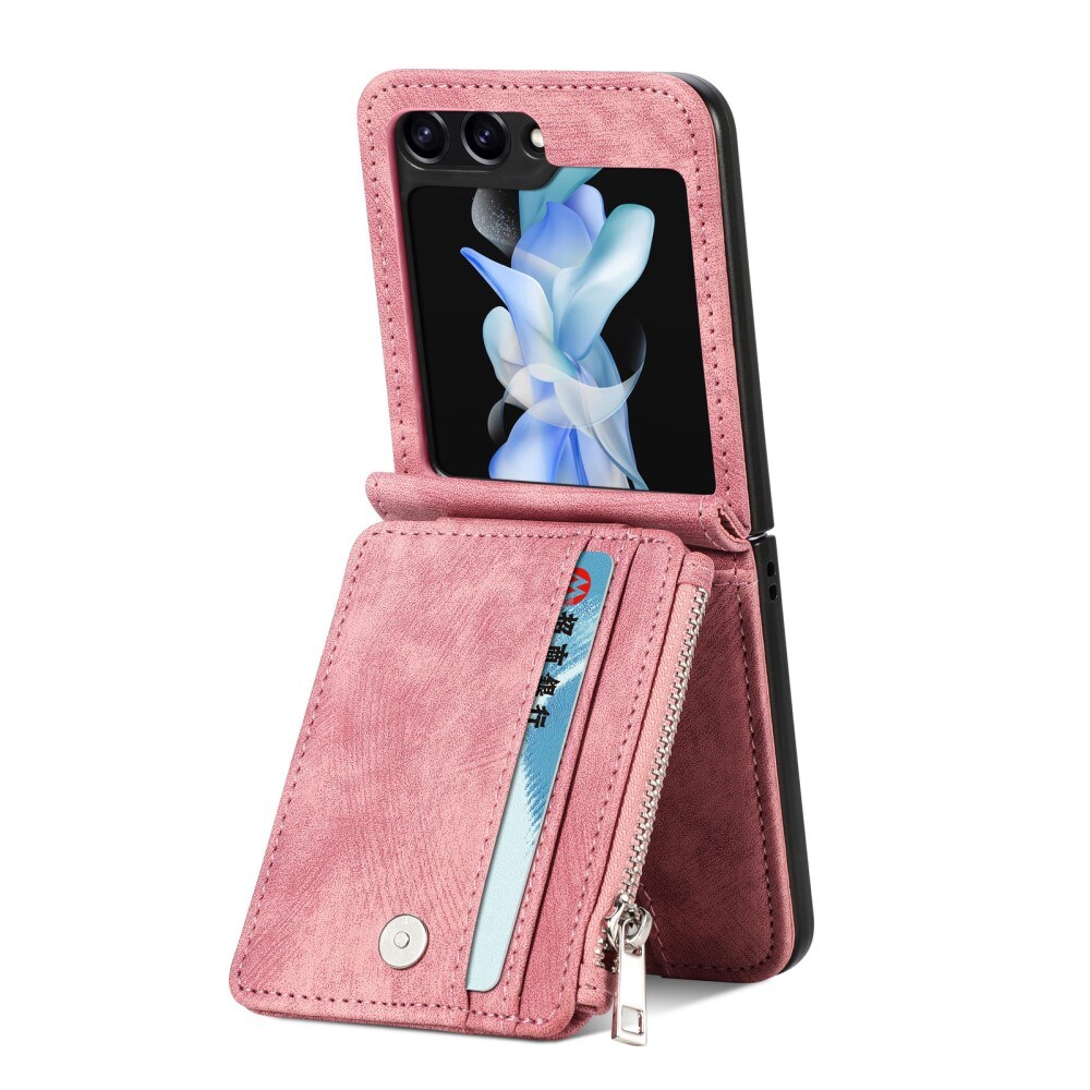 Samsung Galaxy Z Flip 7 FE Lommeboketui med kortlommer og glidelås Rosa
