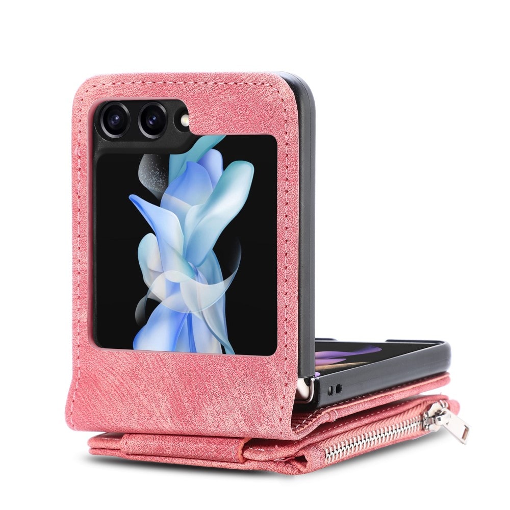 Samsung Galaxy Z Flip 7 FE Lommeboketui med kortlommer og glidelås Rosa