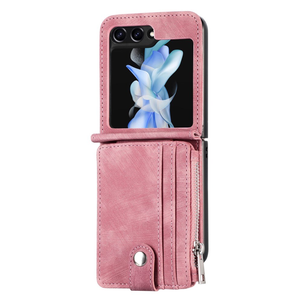 Samsung Galaxy Z Flip 5 Lommeboketui med kortlommer og glidelås Rosa