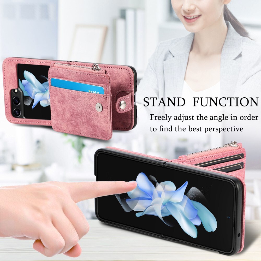 Samsung Galaxy Z Flip 7 FE Lommeboketui med kortlommer og glidelås Rosa