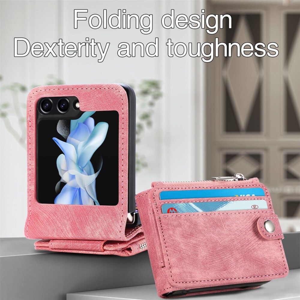Samsung Galaxy Z Flip 7 FE Lommeboketui med kortlommer og glidelås Rosa