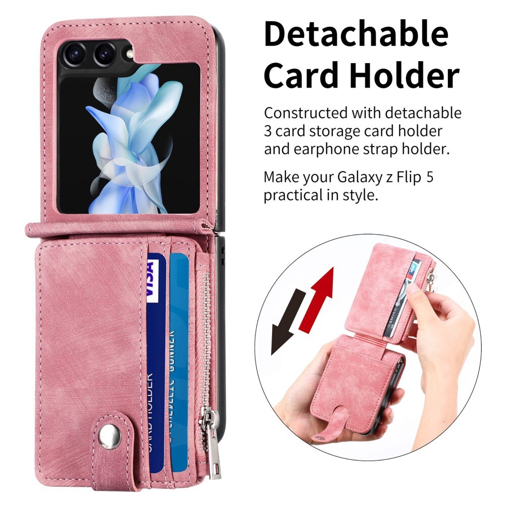 Samsung Galaxy Z Flip 7 FE Lommeboketui med kortlommer og glidelås Rosa
