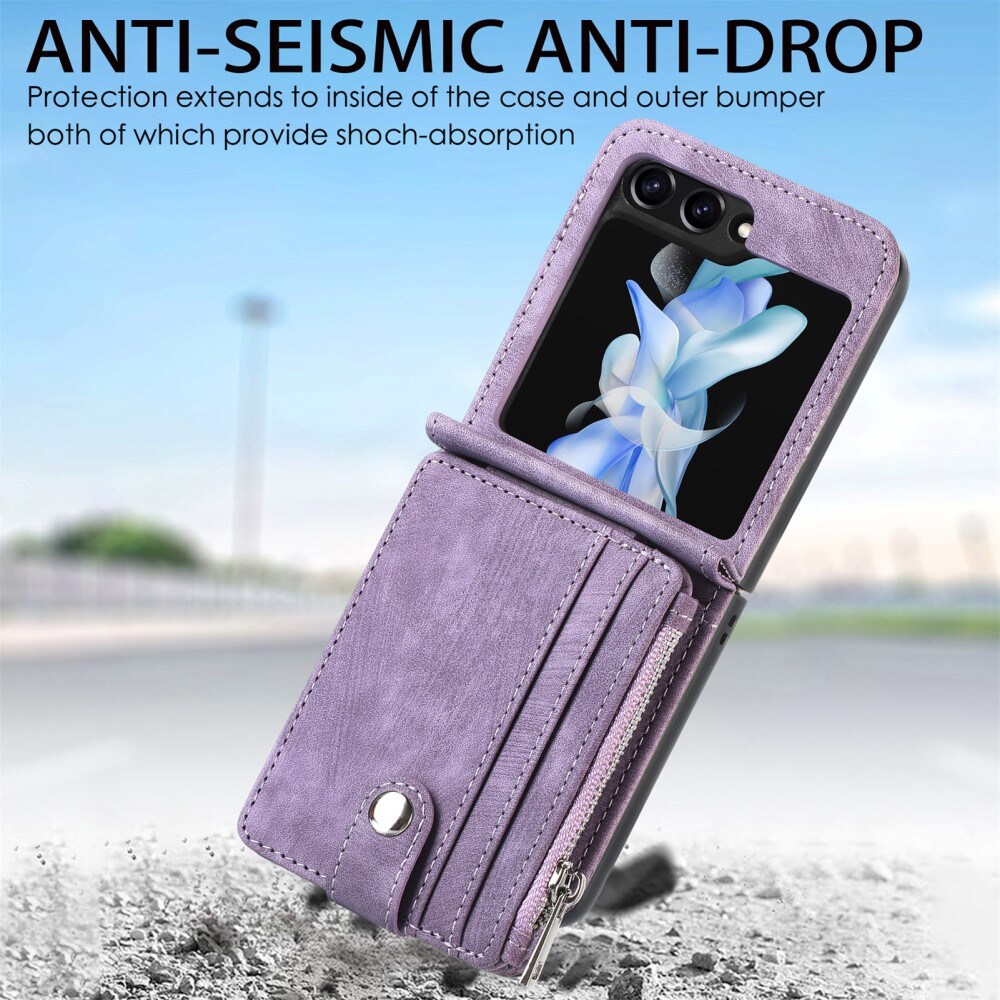 Samsung Galaxy Z Flip 7 FE Lommeboketui med kortlommer og glidelås Lilla