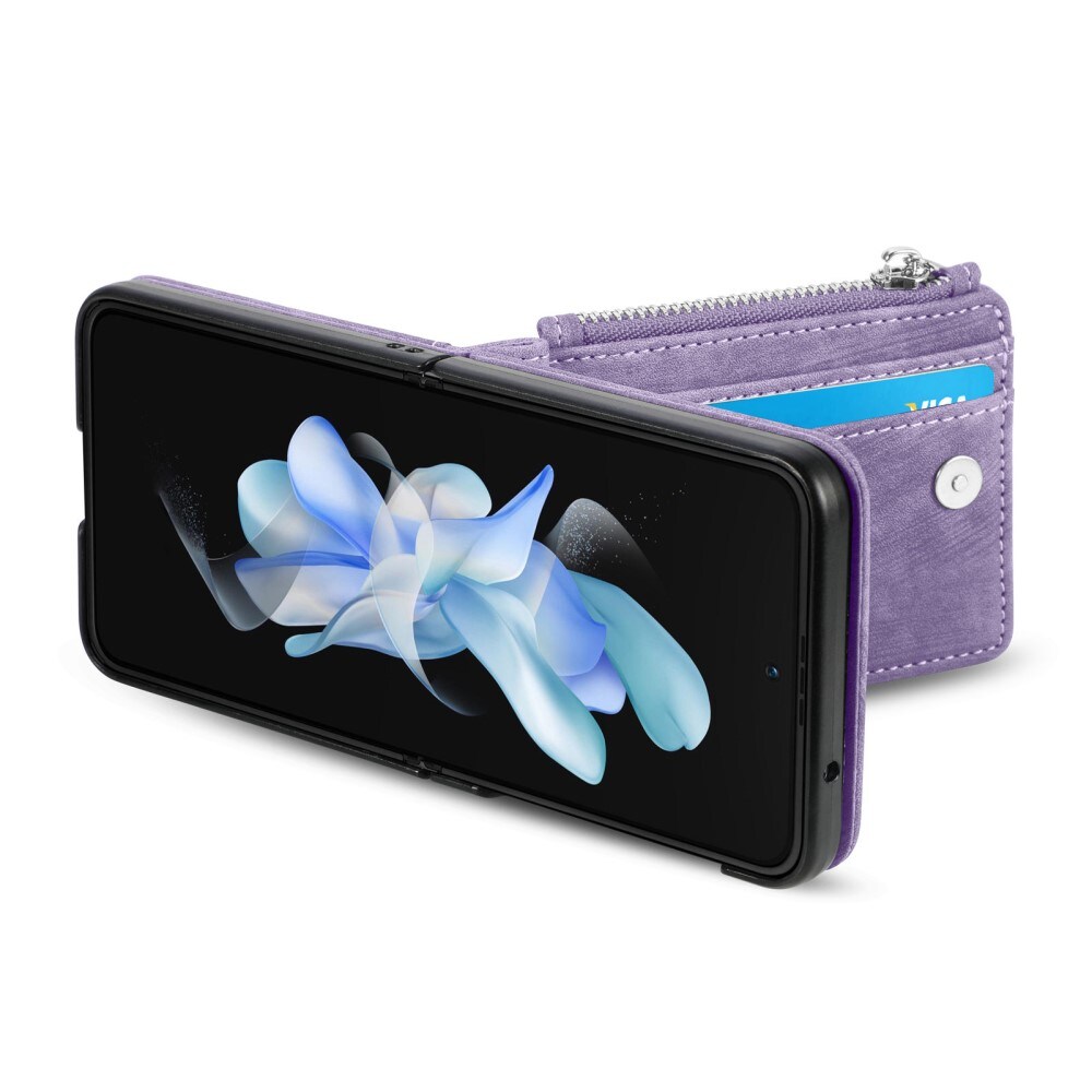 Samsung Galaxy Z Flip 5 Lommeboketui med kortlommer og glidelås Lilla