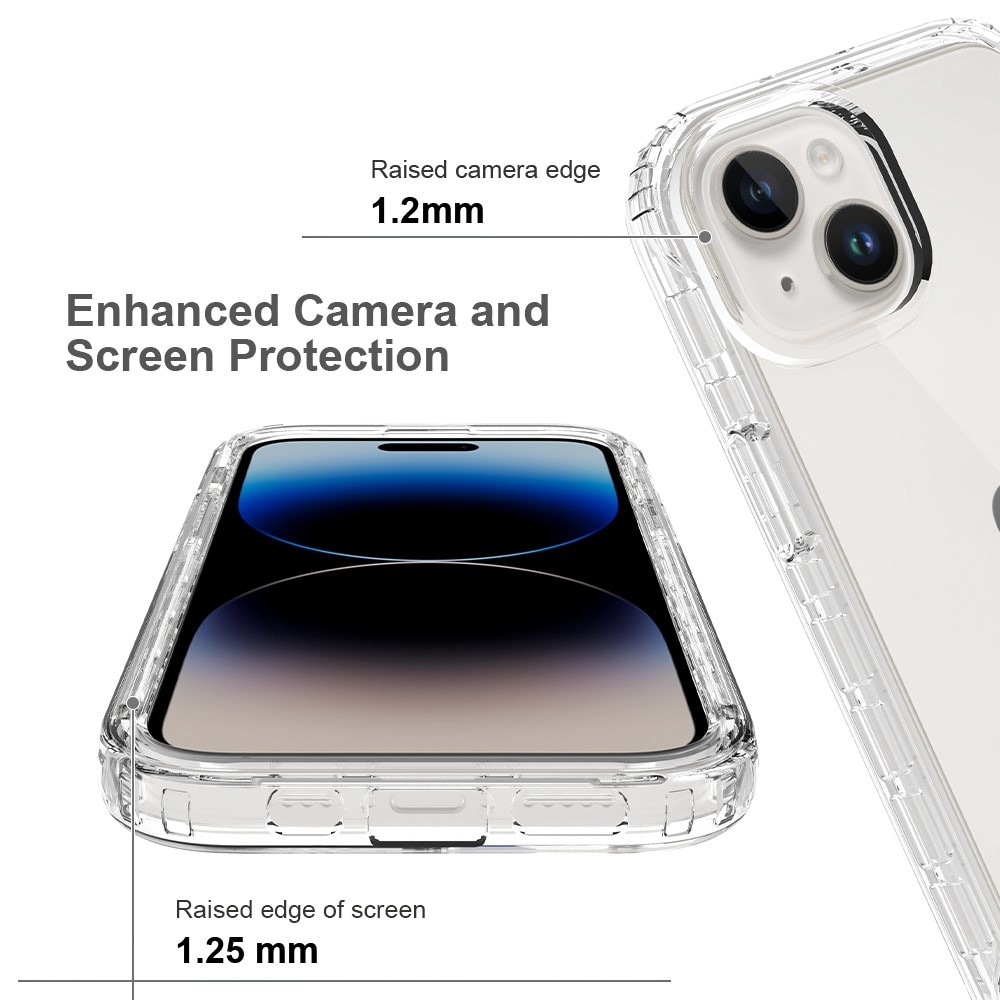 iPhone 15 Mobildeksel med beskyttelsesramme, Gjennomsiktig