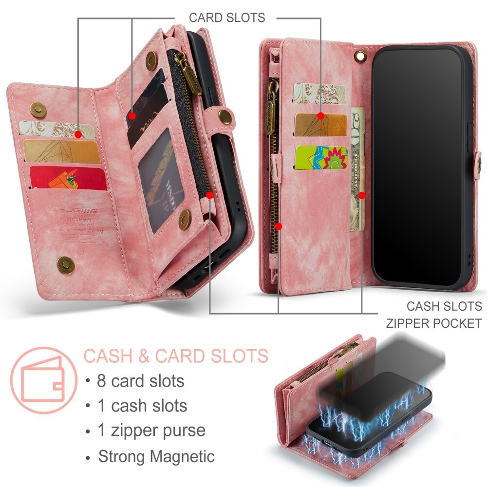 iPhone 15 Pro Max Romslig lommeboketui med mange kortlommer, Rosa