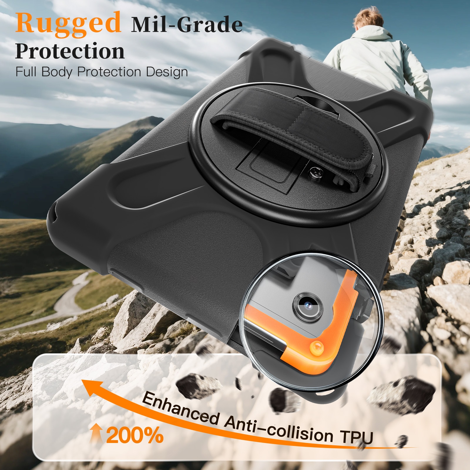 Samsung Galaxy Tab A11 Tøft hybriddeksel med skulderrem Svart