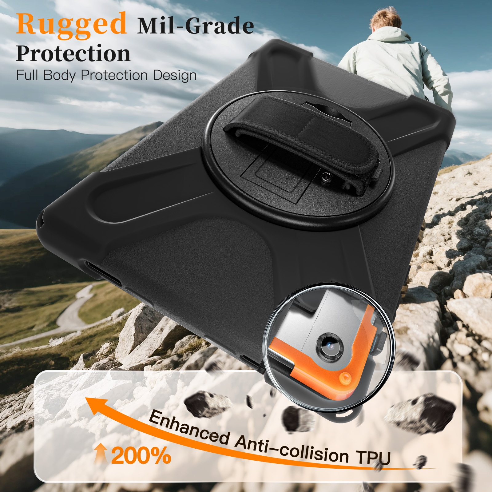 Samsung Galaxy Tab A11 Plus Tøft hybriddeksel med skulderrem Svart