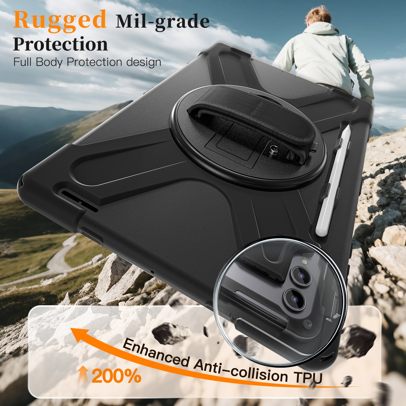 Samsung Galaxy Tab S11 Ultra Tøft hybriddeksel med skulderrem Svart