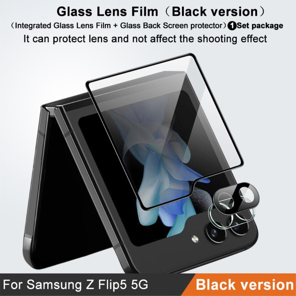 Samsung Galaxy Z Flip 5 Skjermbeskytter for ytterskjerm og linsebeskytter i herdet glass Svart