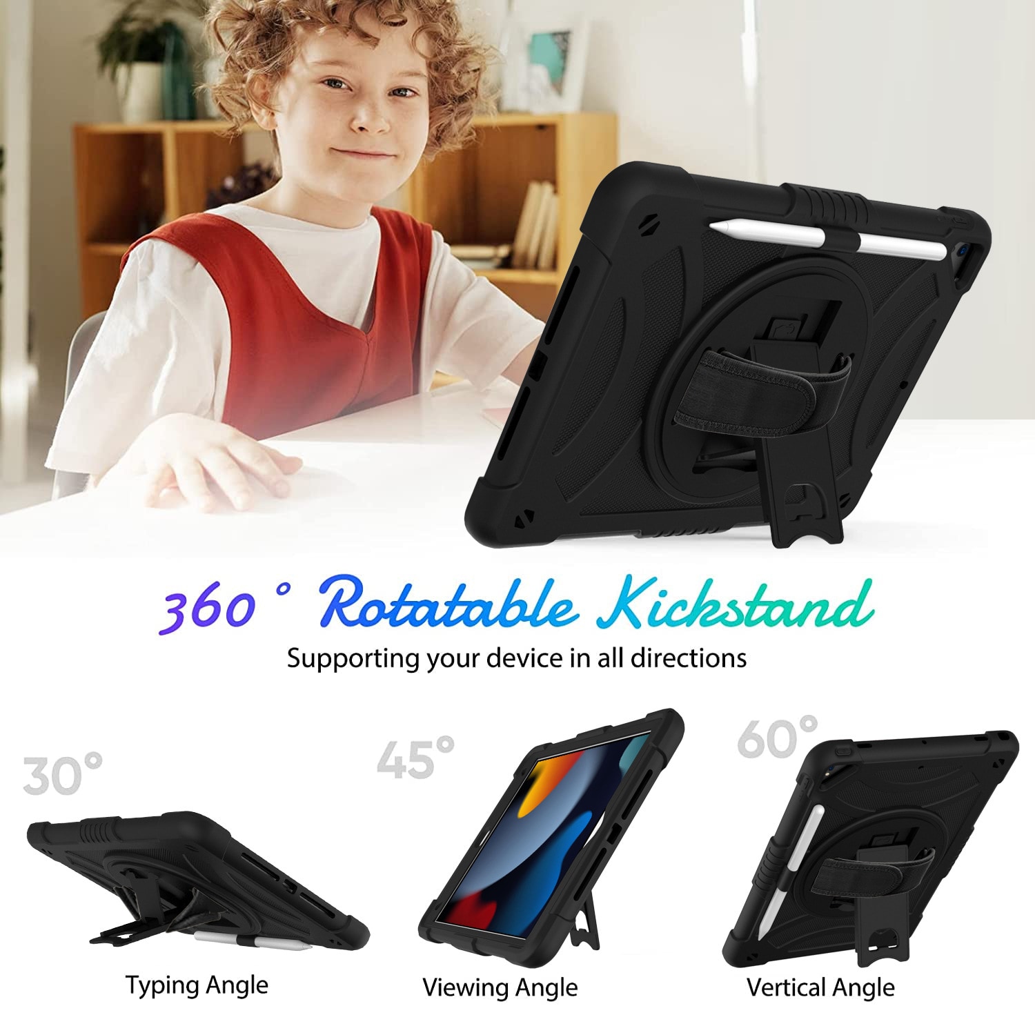 Apple iPad 10.2 9th Gen (2021) Tøft hybriddeksel med skulderrem Svart