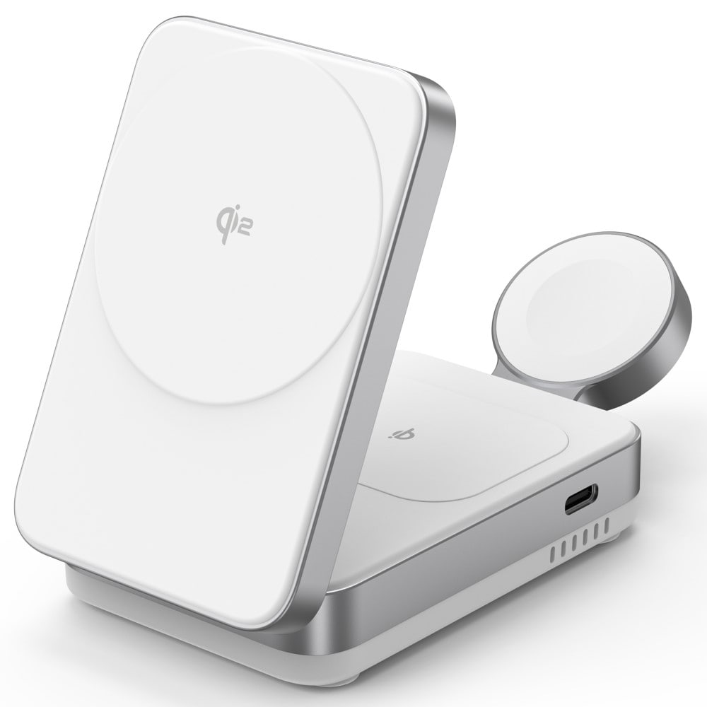 Compact Qi2 Magnetisk Trådløs Sammenleggbar Ladestativ 3-i-1, Hvit