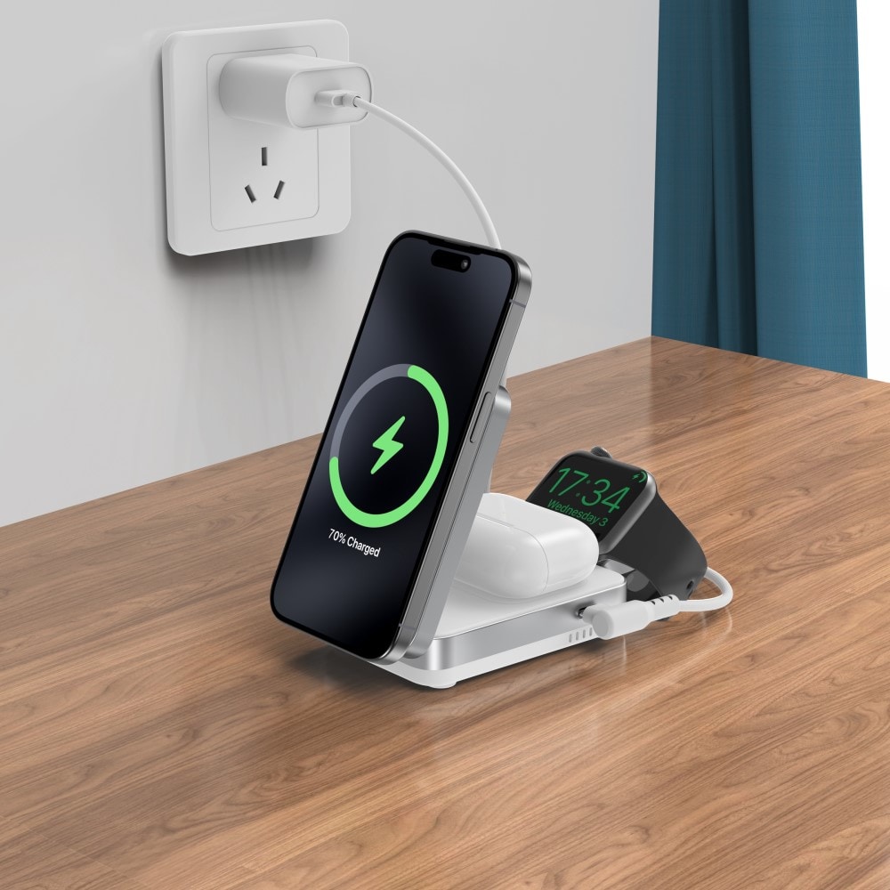 Compact Qi2 Magnetisk Trådløs Sammenleggbar Ladestativ 3-i-1, Hvit