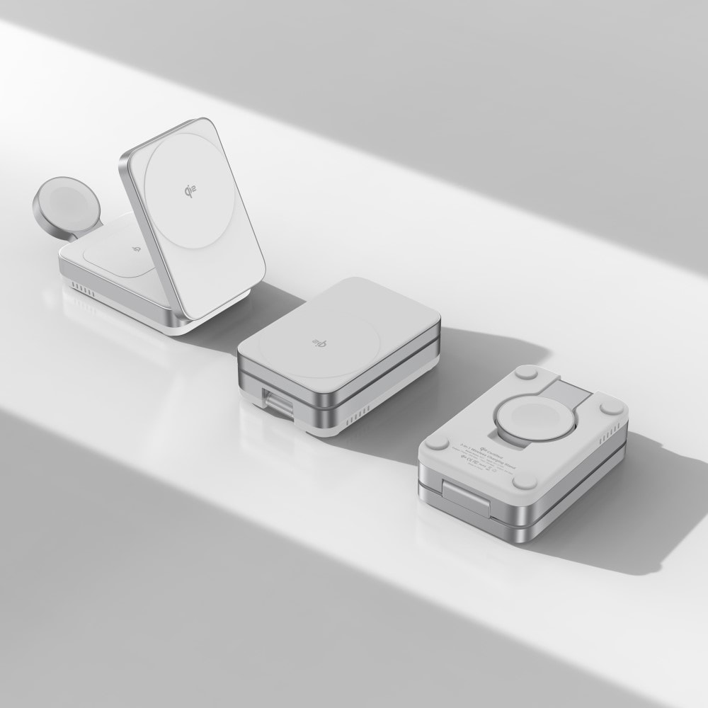 Compact Qi2 Magnetisk Trådløs Sammenleggbar Ladestativ 3-i-1, Hvit