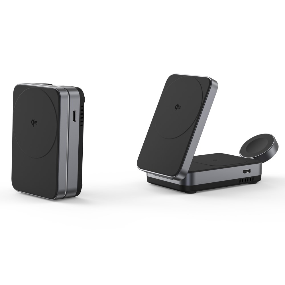Compact Qi2 Magnetisk Trådløs Sammenleggbar Ladestativ 3-i-1, Svart