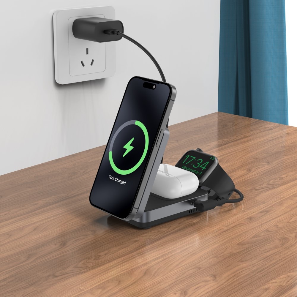 Compact Qi2 Magnetisk Trådløs Sammenleggbar Ladestativ 3-i-1, Svart