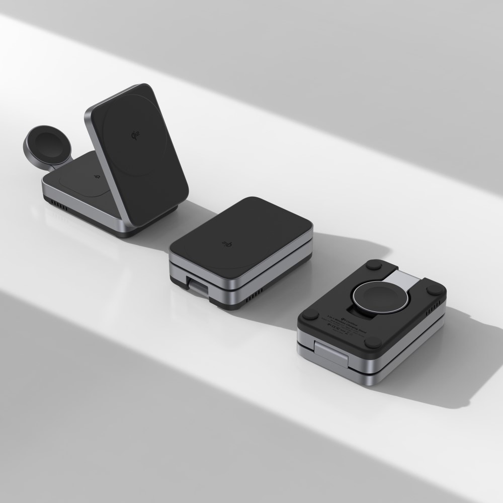 Compact Qi2 Magnetisk Trådløs Sammenleggbar Ladestativ 3-i-1, Svart