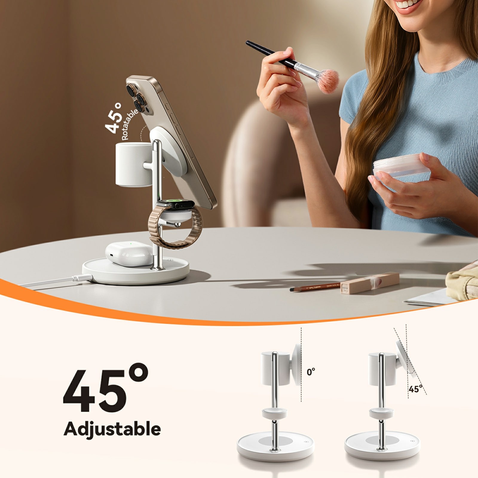 4-i-1 Trådløs magnetisk Ladestativ Qi2 med nattlampe, Hvit