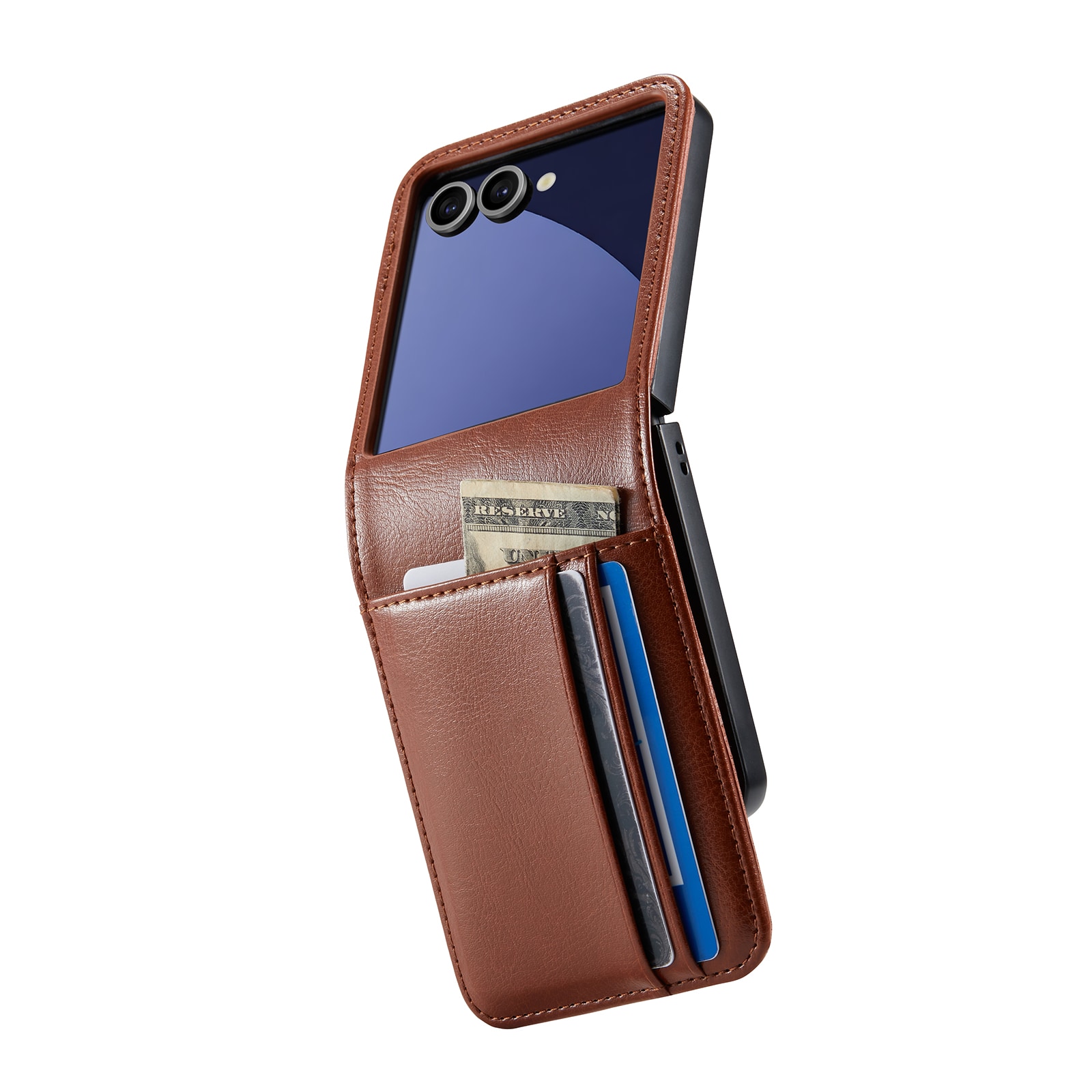 Samsung Galaxy Z Flip 7 Lommeboketui i ekte skinn, Cognac