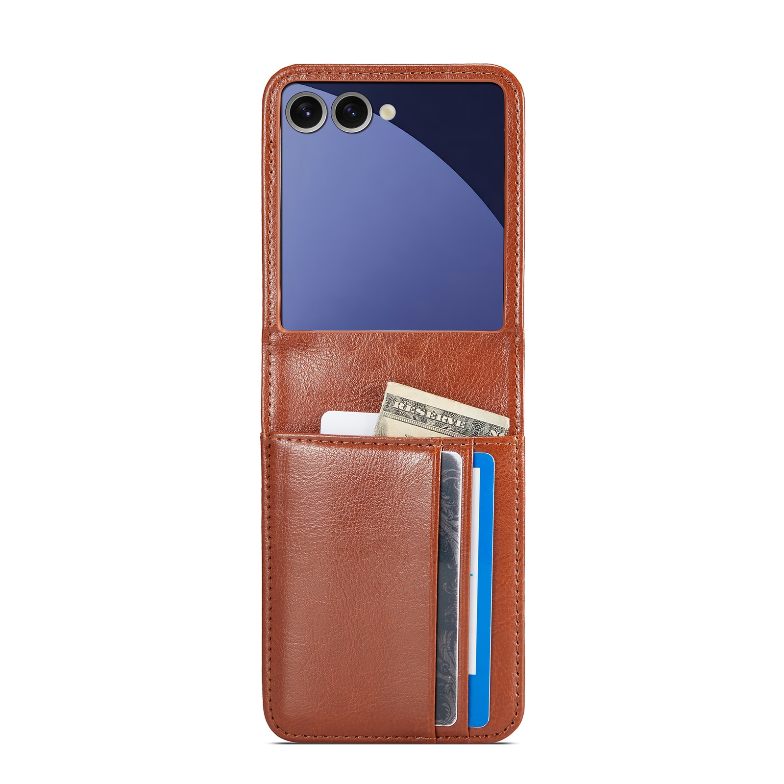 Samsung Galaxy Z Flip 7 Lommeboketui i ekte skinn, Cognac