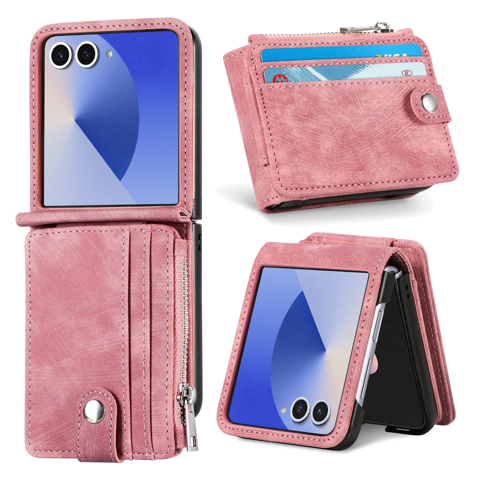Samsung Galaxy Z Flip 7 Lommeboketui med kortlommer og glidelås Rosa