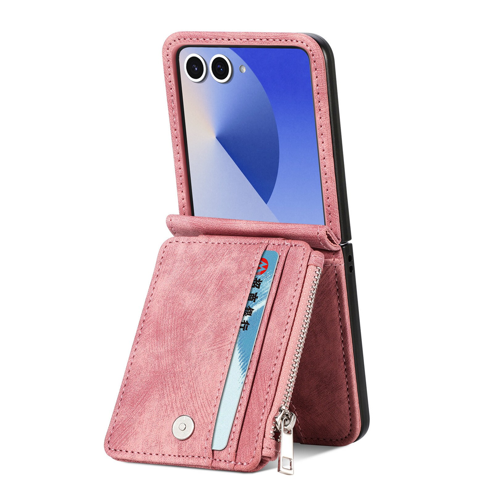 Samsung Galaxy Z Flip 7 Lommeboketui med kortlommer og glidelås Rosa