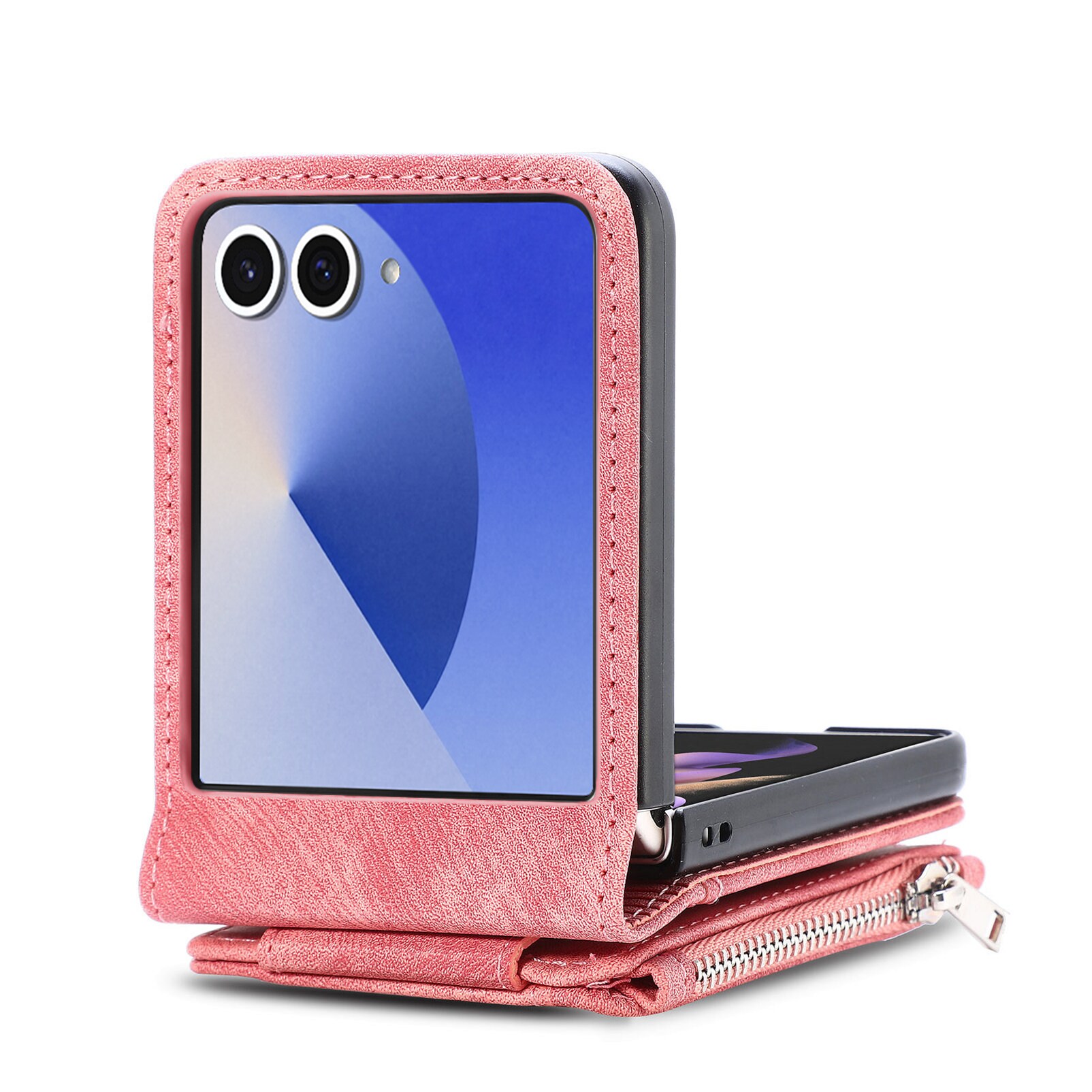 Samsung Galaxy Z Flip 7 Lommeboketui med kortlommer og glidelås Rosa